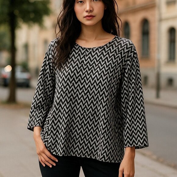 H&M Chevron Zig Zag Long Sleeve Knit Top L Oversized Boxy Fit Casual 3/4 Sleeves - Picture 14 of 14